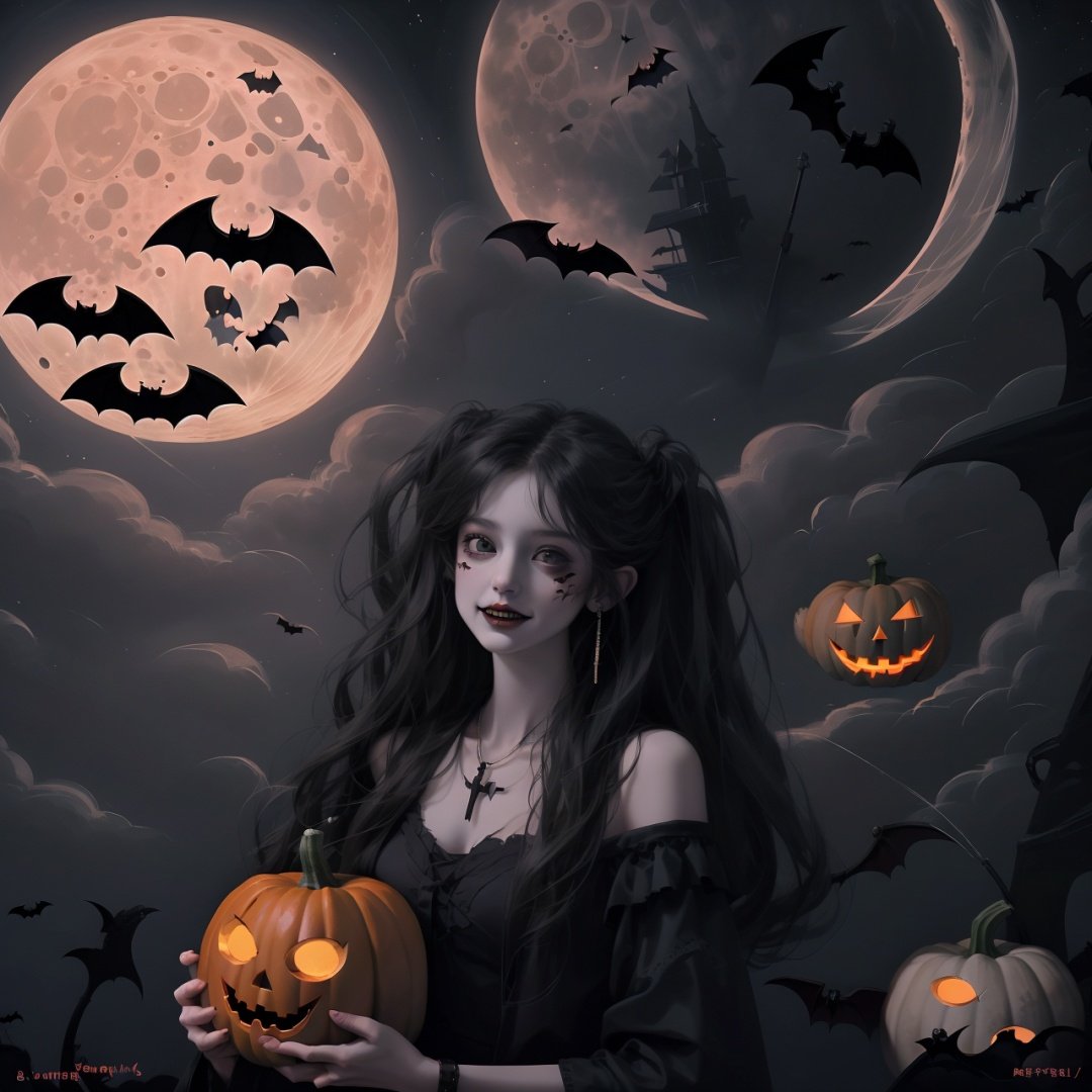  Best quality, 8k, cg,Halloween,jack-o'-lantern,bat,pumpkin,moon,1girl,demon