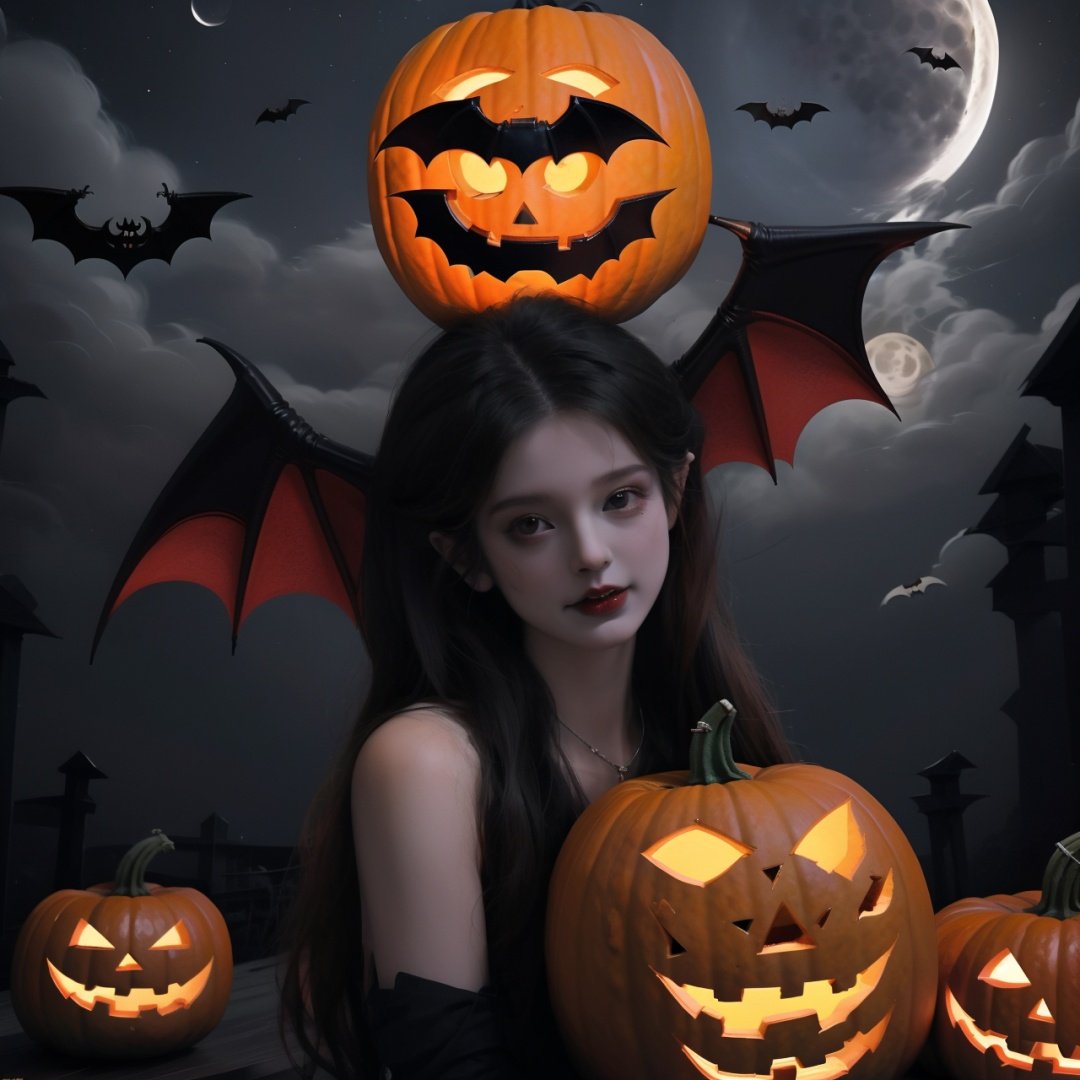  Best quality, 8k, cg,Halloween,jack-o'-lantern,bat,pumpkin,moon,1girl,demon