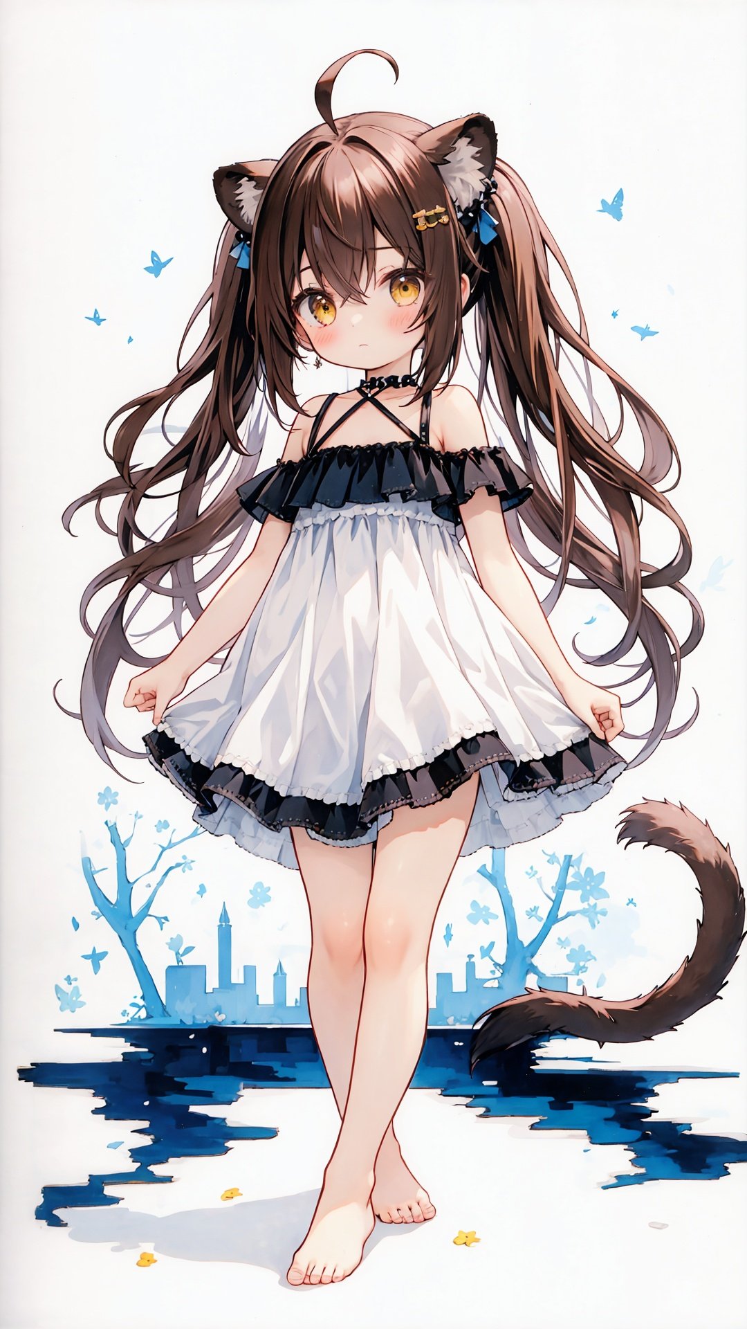  [(white background:1.4)::4], solo, (traditional media:1.3), round image, 
solo, chibi,
1girl, lion ears, lion tail, virtual youtuber, tail, dress, animal ears, solo, long hair, lion girl, white dress, ahoge, full body, yellow eyes, looking at viewer, barefoot, sleeveless dress, brown hair, standing, sundress, sleeveless, white background, bangs, bare legs, bare shoulders, hair between eyes, simple background, frilled dress, bare arms, closed mouth, collarbone, blush,(cute loli),cityscape,street