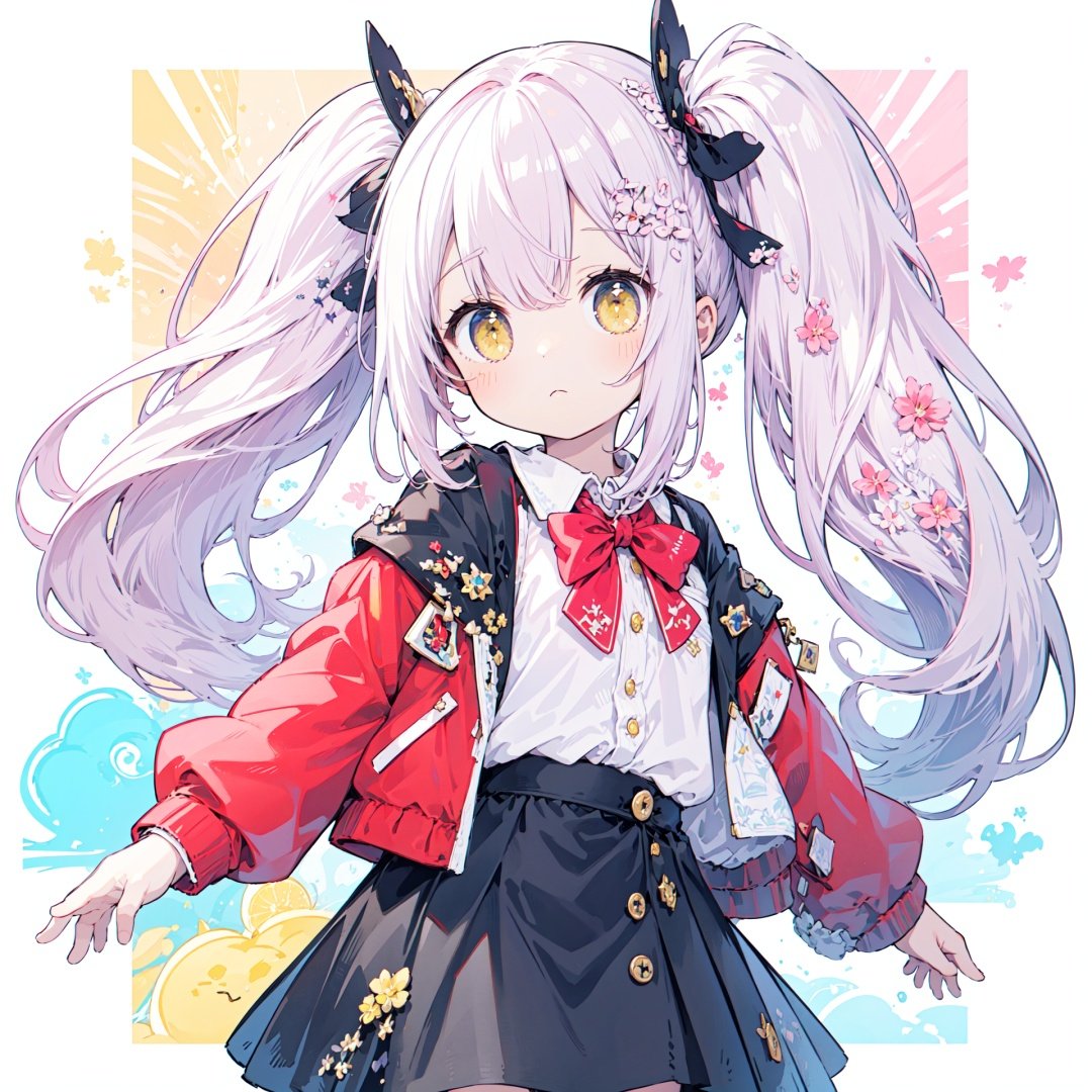  (best quality), ((masterpiece)), (highres), standing, original, extremely detailed wallpaper, (an extremely delicate and beautiful), (loli:1.2), (petite:1.2), Pink hair, Yellow eyes, (red Jacket), high ponytail, white collared shirt, hair flower, fipped hair, floating hair, Frown, black dress, red bowtie, (solo),