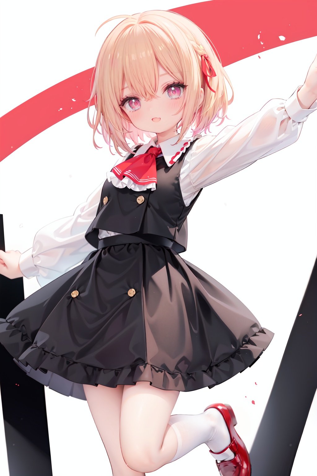  1girl, rumia, blonde hair, solo, white background, red eyes, red footwear, simple background, ascot, short hair, ribbon, open mouth, hair ribbon, smile, long sleeves, shirt, looking at viewer, red ascot, white socks, white shirt, red ribbon, shoes, socks, frills, bangs, outstretched arms, hair between eyes, skirt, :d, dress, vest, mary janes, black dress, black skirt, collared shirt, black vest, blush