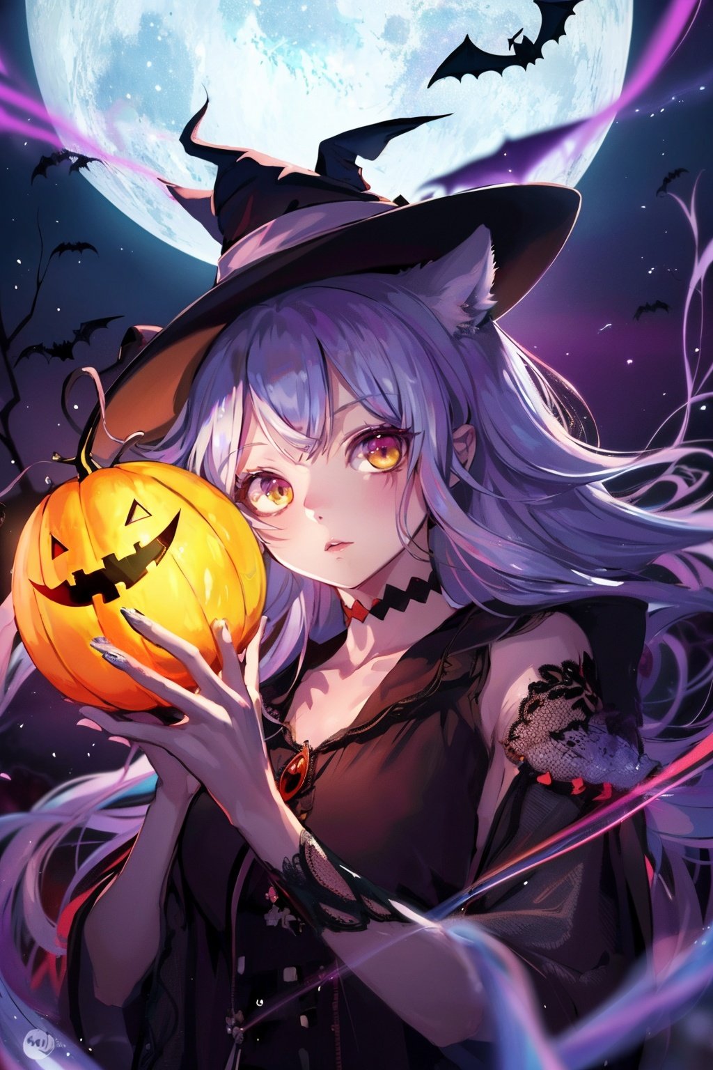  1 girl, Asian teenager, Halloween costume, masterpiece, best quality, ultra high res, highly detailed, psychedelic art (1.4), woman-demon (1.3), floating in dark mist (1.1), furry girl, anime furry women, (best quality), (masterpiece), (realistic), detailed, portrait, close up, young female, RAW photo, UHD, DSLR, rainbow hair, high quality, realistic, photo-realistic, dreamlike art, lens flare, upper body, looking at viewer, animal focus, furry, wolf fursuit, cute, kawaii, lovely, fur, fur head, wolf head, narrow waist, wolf ears, black choker, blush, paw, paw shoes, rainbow clothes, stunning gradient colors, no watermark signature, detailed background, woods, small lake with island, insanely detailed, visually stunning, wicked, hypnotic, alluring, cowboy shot, intricate, perfect shading, veil, beautiful, award-winning illustration, cosmic space background, ethereal atmosphere, ultra quality, beautiful girl, cosmic concept, rainbow strings, rainbow skin, rainbow bloody veins growing and intertwining out of the darkness, nailed wire, oozing thick blue blood, sharp neon, veins growing and pumping blood, vascular networks growing, green veins everywhere, yin and yang, glowing space, glowing stars, infinity symbol, dynamic pose, flying pose, glowing body, rainbow aura (1.1), beautiful angel, clockwork, lightning, majestic, breathtaking, guangying on face, jack-o'-lantern, witch hat, spider web, bats, haunted mansion, graveyard, full moon, eerie night sky, trick-or-treat bag, candy corn, spooky decorations, ghostly apparitions, pumpkin patch, creepy crawlies, scarecrow, witches' brew, cauldron, black cat, gothic elements, supernatural powers, magical spells, spellbinding enchantment