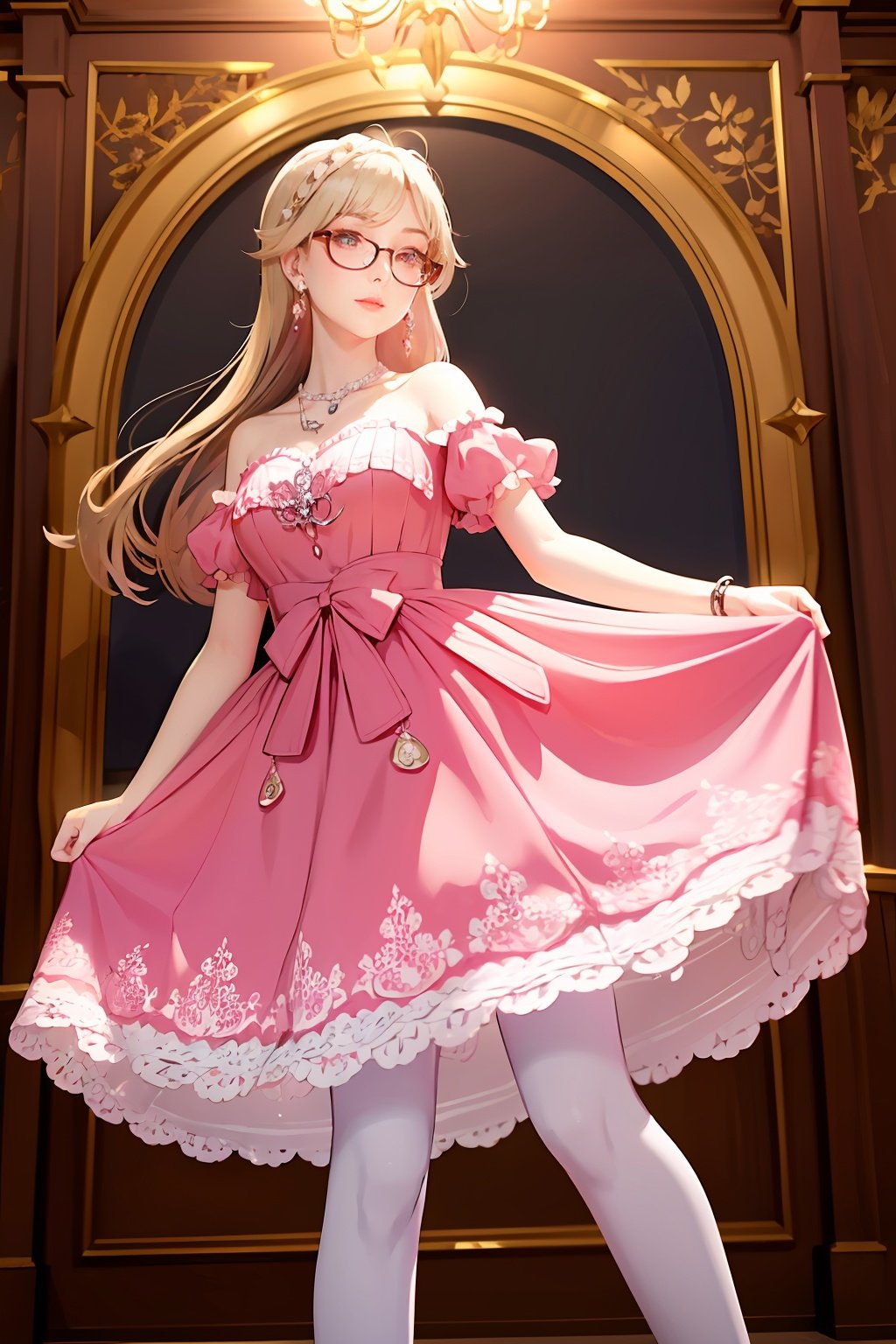  masterpiece, round eyewear,best quality, delicate face, beautiful girl, noble, aristocratic etiquette, banquet, aristocratic banquet, long blonde hair, red pupils, earrings, gorgeous dress, evening dress, white stockings, exquisite background, highest quality, European, gorgeous, aristocratic ladies, large skirt, multi-layered skirt, pink rose, pink gemstone earrings, pink gemstone necklace, gorgeous, dignified, elegant, intricate skirt pattern, gorgeous palace, masterpiece, perfect, first-class, highlights, bright and colorful tones, 3D, High resolution, 1girl, mds-hd, xwhd,mdsc-hd, jyy-hd, yf-hd, wsj-hd