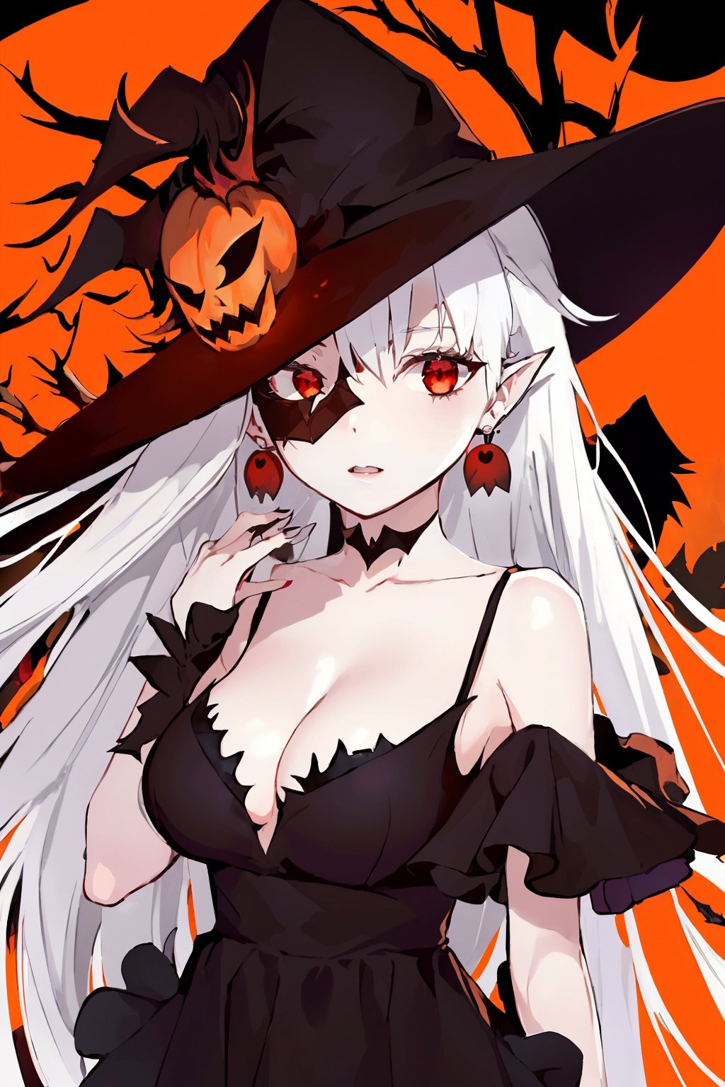  zichun,1girl,solo,earrings,jewelry,hat,red eyes,mask,jack-o'-lantern,pointy ears,looking at viewer,long hair,witch hat,halloween,upper body,dress,pumpkin,white hair,black dress,breasts,black headwear,glowing,bangs,closed mouth,witch,thorns,black background,lips,medium breasts,fire,artist name,english text, cute-hd