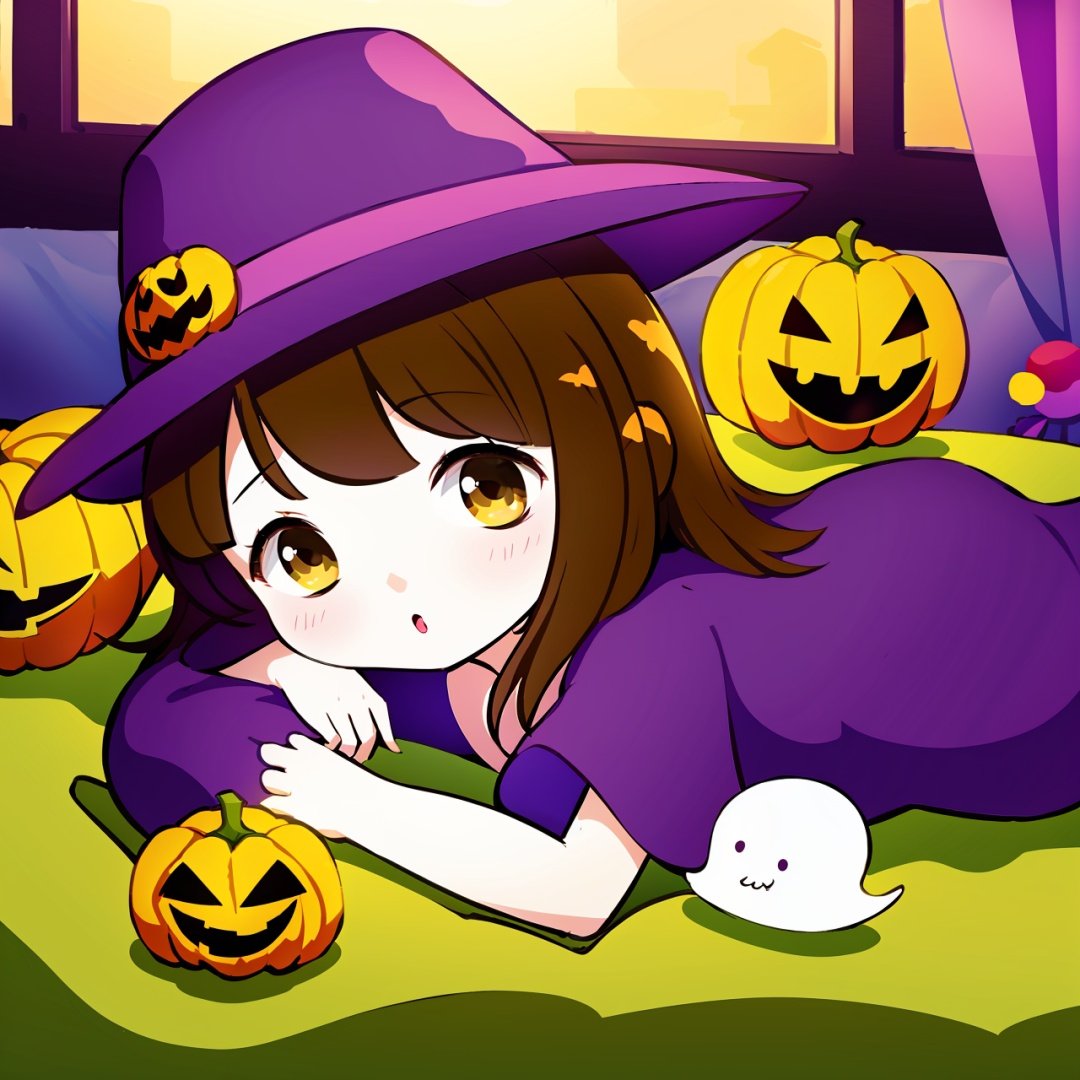  Halloween, a beautiful and lovely little girl, lying by the bed, surrounded by many cute little ghosts, cute-hd