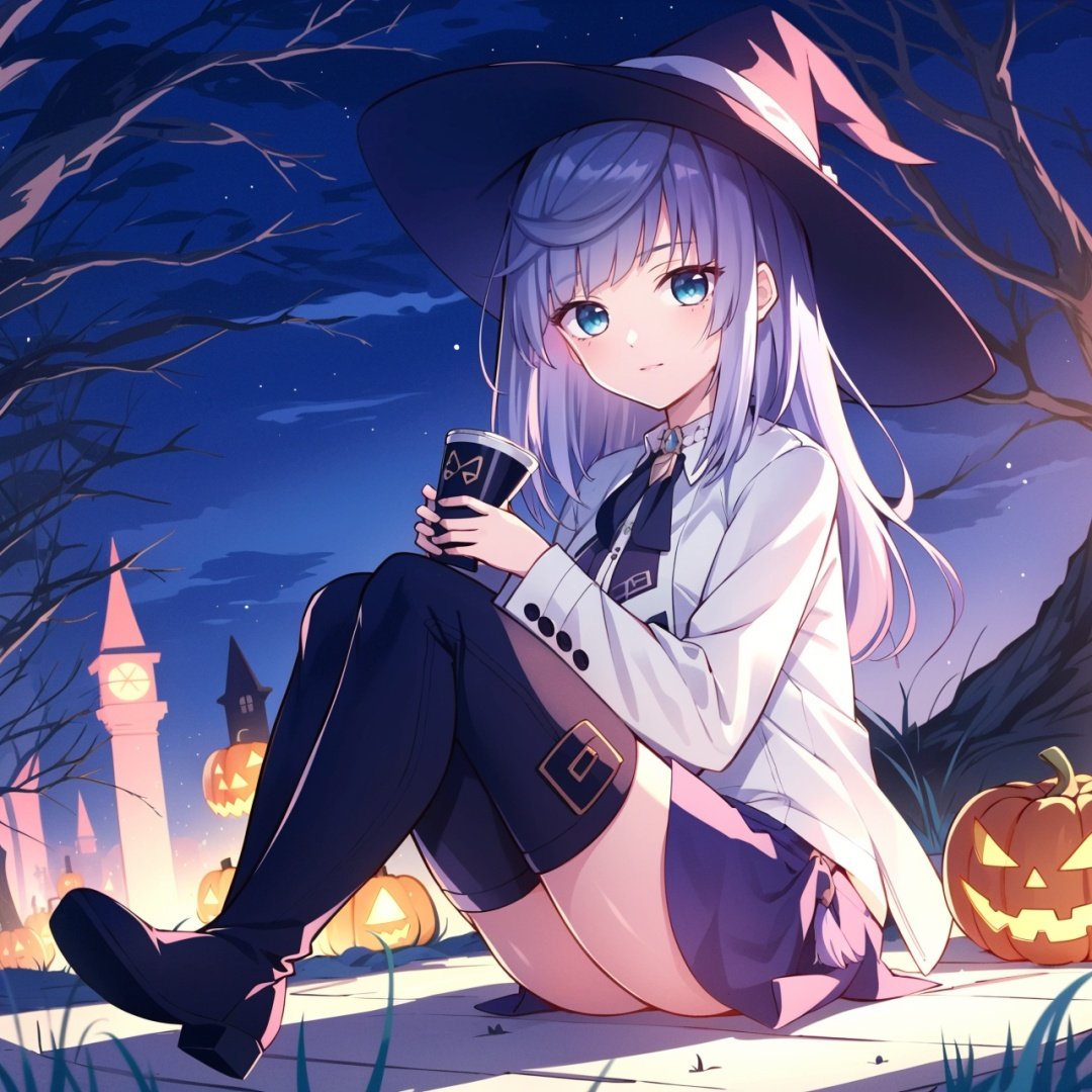  1girl, hat, elaina (majo no tabitabi), solo, witch hat, long hair, blue eyes, sitting, looking at viewer, skirt, shirt, white hair, witch, ribbon, white shirt, boots, tower, blush, bangs, long sleeves, hair between eyes, holding, collared shirt, elaina \(majonotabitabi\),
万圣节,Halloween Background,jack-o'-lantern, no humans, pumpkin, halloween, scenery, bare tree, tombstone, tree, night, graveyard, nature, forest, dark, outdoors, cute-hd, mds-hd, ylhd