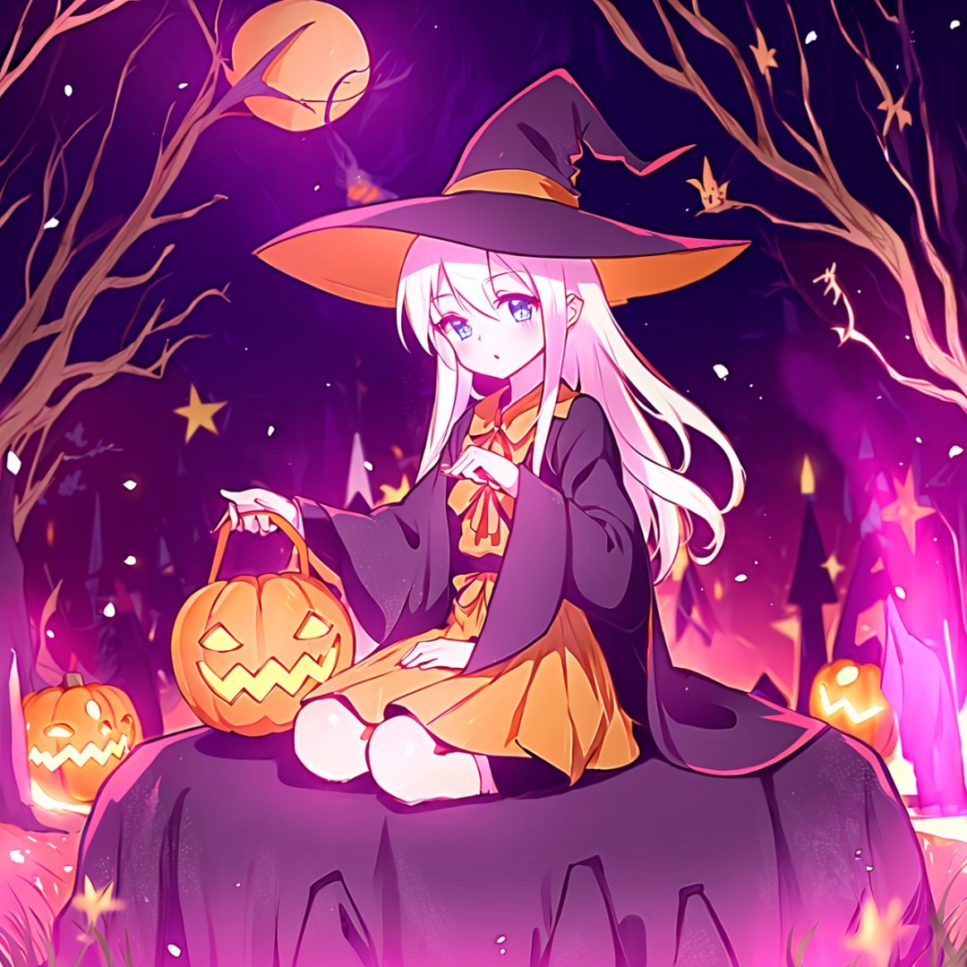  1girl, hat, elaina (majo no tabitabi), solo, witch hat, long hair, blue eyes, sitting, looking at viewer, skirt, shirt, white hair, witch, ribbon, white shirt, boots, tower, blush, bangs, long sleeves, hair between eyes, holding, collared shirt, elaina \(majo notabitabi\),
万圣节,Halloween Background,jack-o'-lantern, no humans, pumpkin, halloween, scenery, bare tree, tombstone, tree, night, graveyard, nature, forest, dark, outdoors, cute-hd, mds-hd