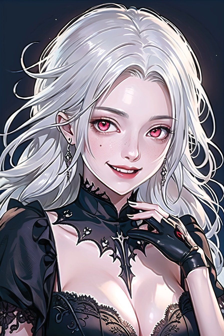  1girl,vampire,white hair ,freckles, smiling, fangs, messy curly hair,feather, intricate and very beautiful and elegant, highly detailed, digital painting, artstation, concept art, smooth and sharp focus, cg,red eyes, wsj-hd