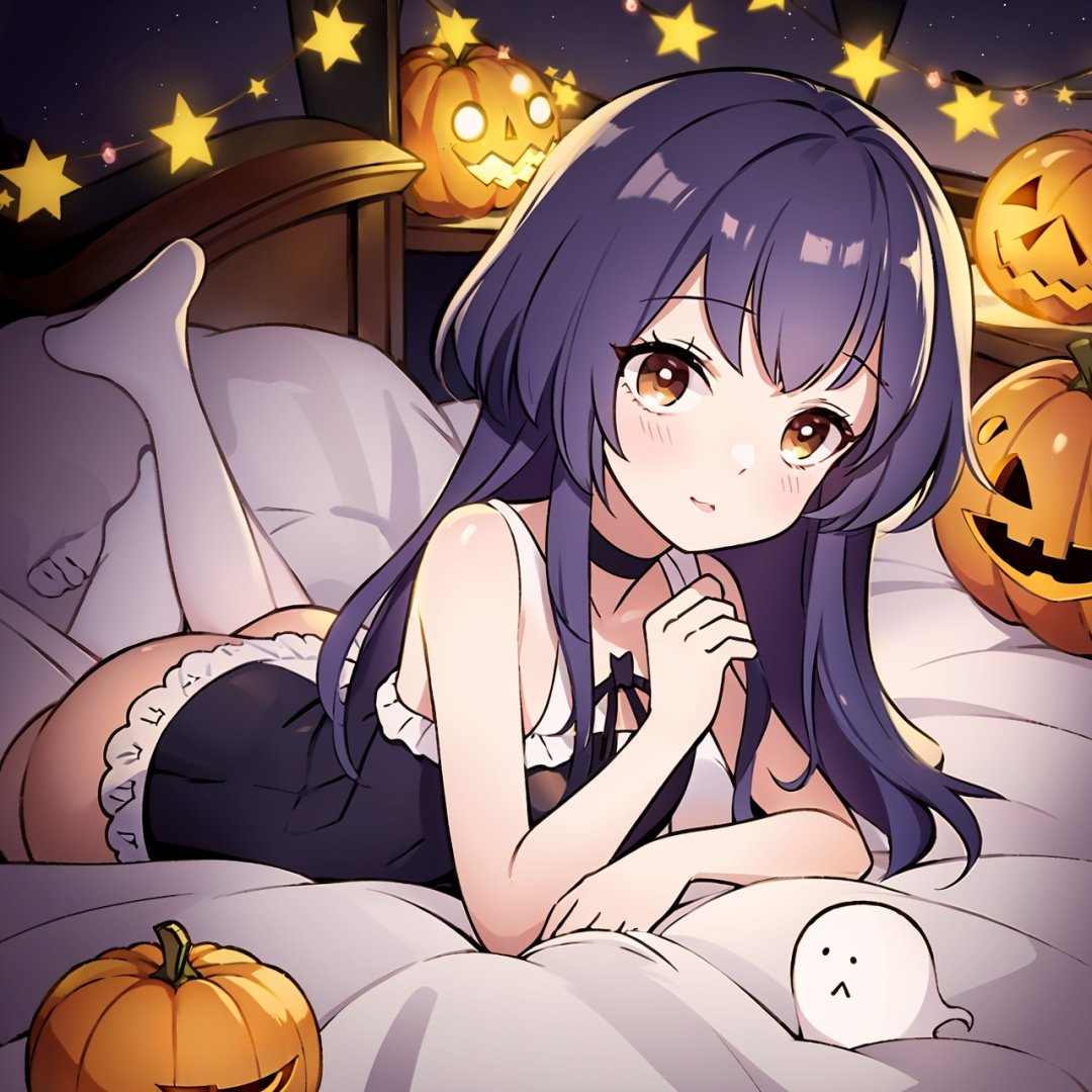  Halloween, a beautiful and lovely little girl, lying by the bed, surrounded by many cute little ghosts, cute-hd