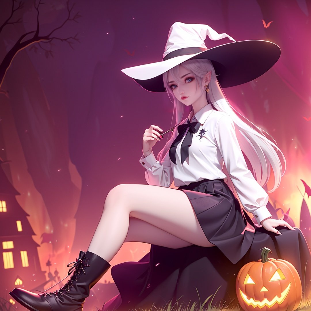  1girl, hat, elaina (majo no tabitabi), solo, witch hat, long hair, blue eyes, sitting, looking at viewer, skirt, shirt, white hair, witch, ribbon, white shirt, boots, tower, blush, bangs, long sleeves, hair between eyes, holding, collared shirt, elaina \(majonotabitabi\),
万圣节,Halloween Background,jack-o'-lantern, no humans, pumpkin, halloween, scenery, bare tree, tombstone, tree, night, graveyard, nature, forest, dark, outdoors, cute-hd, mds-hd