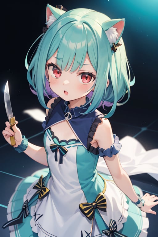 (masterpiece, best quality:1.2), 1girl, anime girl with green hair and blue dress holding a knife, anime girl with teal hair, anime visual of a cute girl, mikudayo, portrait of an anime girl, anime moe artstyle, marin kitagawa fanart, young anime girl, small curvy loli, cute anime waifu in a nice dress, portrait of cute anime girl, made with anime painter studio
