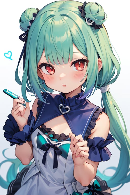 (masterpiece, best quality:1.2), 1girl, anime girl with green hair and blue dress  holding a cell phone, anime girl with teal hair, anime visual of a cute girl, mikudayo, portrait of an anime girl, anime moe artstyle, marin kitagawa fanart, young anime girl, small curvy loli, cute anime waifu in a nice dress, portrait of cute anime girl, made with anime painter studio
