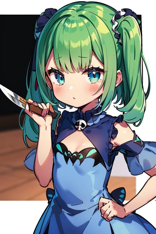 (masterpiece, best quality:1.2), 1girl, anime girl with green hair and blue dress holding a knife, anime girl with teal hair, anime visual of a cute girl, mikudayo, portrait of an anime girl, anime moe artstyle, marin kitagawa fanart, young anime girl, small curvy loli, cute anime waifu in a nice dress, portrait of cute anime girl, made with anime painter studio
