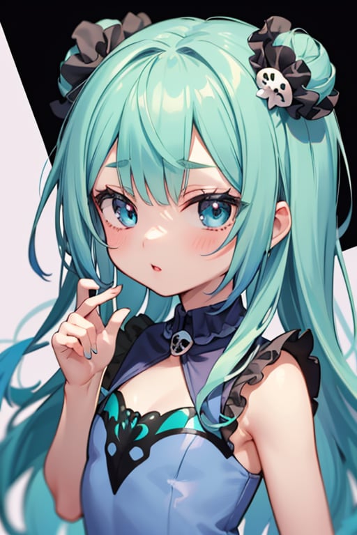 (masterpiece, best quality:1.2), 1girl, anime girl with green hair and blue dress  holding a cell phone, anime girl with teal hair, anime visual of a cute girl, mikudayo, portrait of an anime girl, anime moe artstyle, marin kitagawa fanart, young anime girl, small curvy loli, cute anime waifu in a nice dress, portrait of cute anime girl, made with anime painter studio
