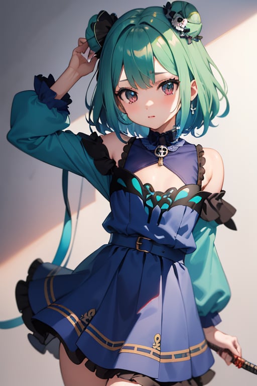 (masterpiece, best quality:1.2), 1girl, anime girl with green hair and blue dress holding a knife, anime girl with teal hair, anime visual of a cute girl, mikudayo, portrait of an anime girl, anime moe artstyle, marin kitagawa fanart, young anime girl, small curvy loli, cute anime waifu in a nice dress, portrait of cute anime girl, made with anime painter studio
