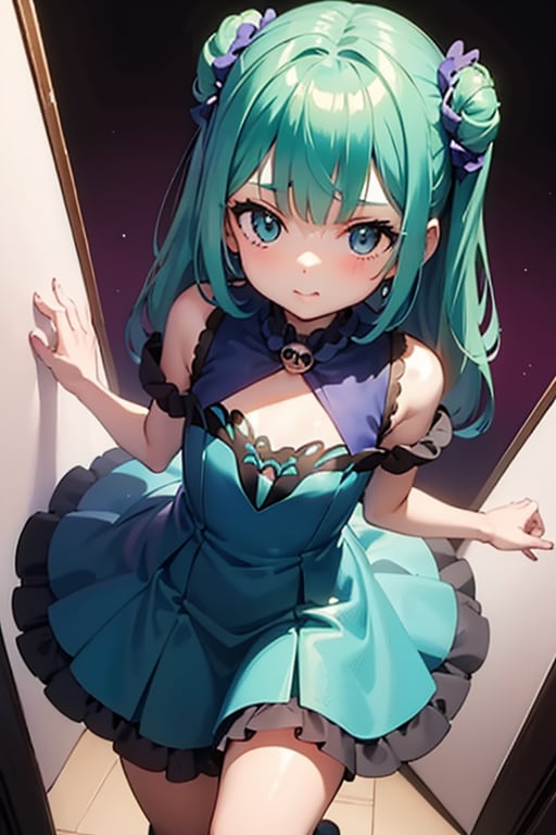 (masterpiece, best quality:1.2), 1girl, anime girl with green hair and blue dress  holding a cell phone, anime girl with teal hair, anime visual of a cute girl, mikudayo, portrait of an anime girl, anime moe artstyle, marin kitagawa fanart, young anime girl, small curvy loli, cute anime waifu in a nice dress, portrait of cute anime girl, made with anime painter studio
