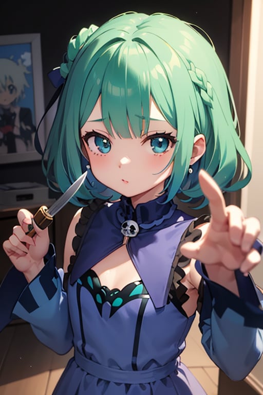 (masterpiece, best quality:1.2), 1girl, anime girl with green hair and blue dress holding a knife, anime girl with teal hair, anime visual of a cute girl, mikudayo, portrait of an anime girl, anime moe artstyle, marin kitagawa fanart, young anime girl, small curvy loli, cute anime waifu in a nice dress, portrait of cute anime girl, made with anime painter studio
