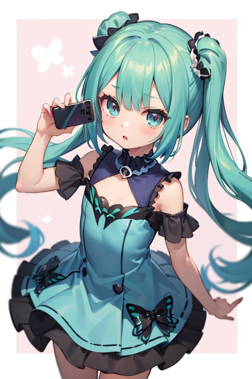 (masterpiece, best quality:1.2), 1girl, anime girl with green hair and blue dress  holding a cell phone, anime girl with teal hair, anime visual of a cute girl, mikudayo, portrait of an anime girl, anime moe artstyle, marin kitagawa fanart, young anime girl, small curvy loli, cute anime waifu in a nice dress, portrait of cute anime girl, made with anime painter studio
