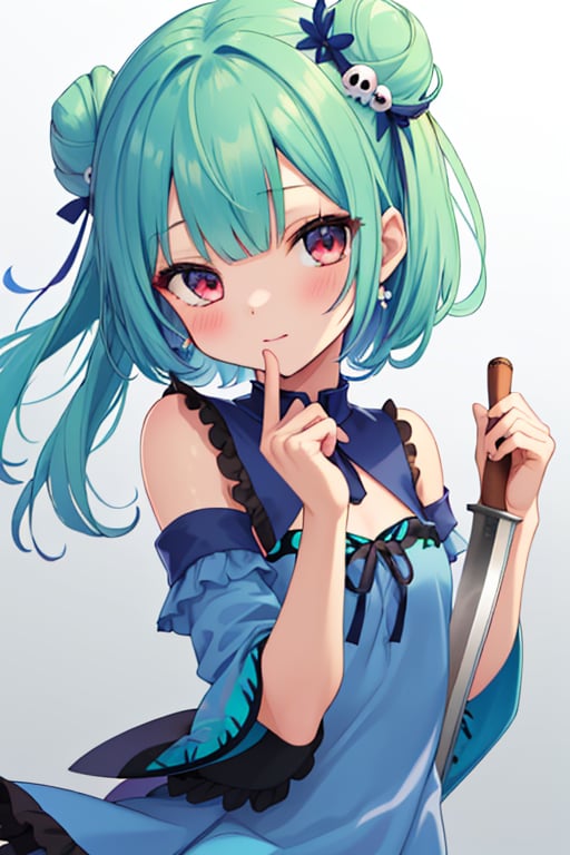 1girl,  anime girl with green hair and blue dress holding a knife,  anime girl with teal hair by minasho on Tensor.Art