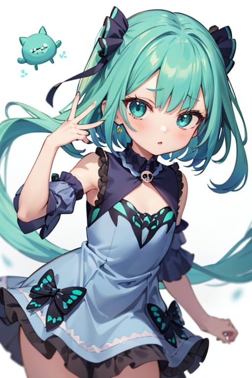 (masterpiece, best quality:1.2), 1girl, anime girl with green hair and blue dress  holding a cell phone, anime girl with teal hair, anime visual of a cute girl, mikudayo, portrait of an anime girl, anime moe artstyle, marin kitagawa fanart, young anime girl, small curvy loli, cute anime waifu in a nice dress, portrait of cute anime girl, made with anime painter studio
