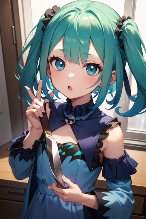 (masterpiece, best quality:1.2), 1girl, anime girl with green hair and blue dress holding a knife, anime girl with teal hair, anime visual of a cute girl, mikudayo, portrait of an anime girl, anime moe artstyle, marin kitagawa fanart, young anime girl, small curvy loli, cute anime waifu in a nice dress, portrait of cute anime girl, made with anime painter studio
