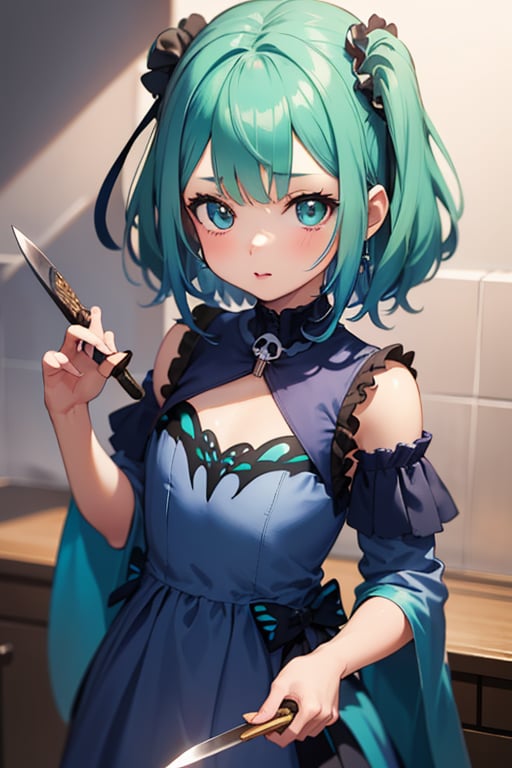 (masterpiece, best quality:1.2), 1girl, anime girl with green hair and blue dress holding a knife, anime girl with teal hair, anime visual of a cute girl, mikudayo, portrait of an anime girl, anime moe artstyle, marin kitagawa fanart, young anime girl, small curvy loli, cute anime waifu in a nice dress, portrait of cute anime girl, made with anime painter studio
