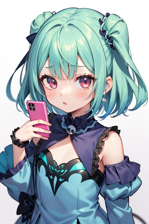 (masterpiece, best quality:1.2), 1girl, anime girl with green hair and blue dress  holding a cell phone, anime girl with teal hair, anime visual of a cute girl, mikudayo, portrait of an anime girl, anime moe artstyle, marin kitagawa fanart, young anime girl, small curvy loli, cute anime waifu in a nice dress, portrait of cute anime girl, made with anime painter studio
