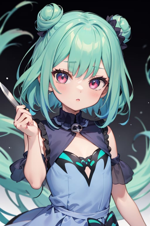 (masterpiece, best quality:1.2), 1girl, anime girl with green hair and blue dress holding a knife, anime girl with teal hair, anime visual of a cute girl, mikudayo, portrait of an anime girl, anime moe artstyle, marin kitagawa fanart, young anime girl, small curvy loli, cute anime waifu in a nice dress, portrait of cute anime girl, made with anime painter studio
