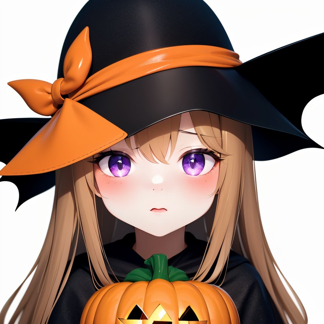 nieni-hd, no humans, wings, white background, hat, simple background, halloween, pumpkin, blush, jack-o'-lantern