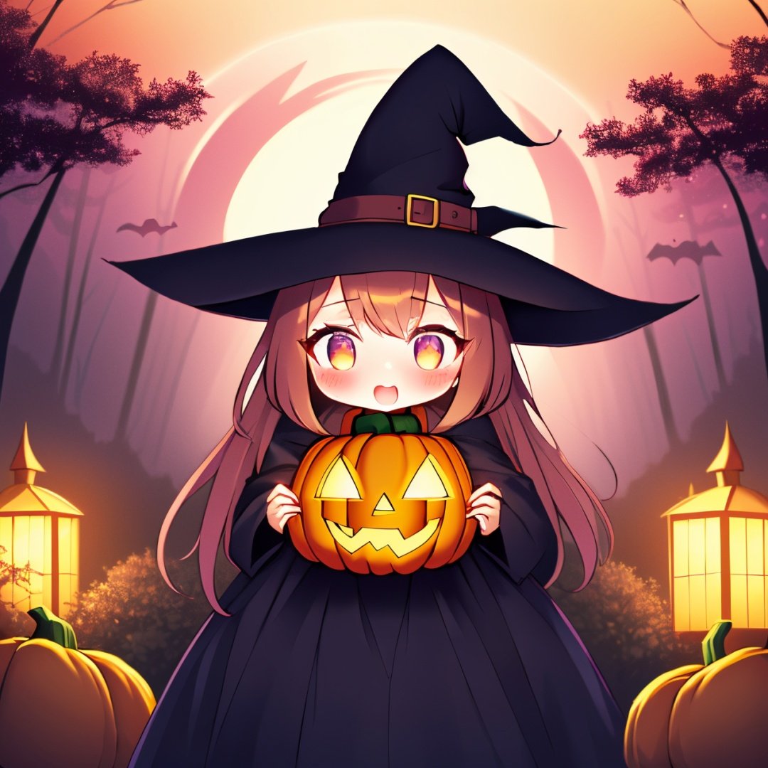 highly detailed, psychedelic art (1.4), woman-demon (1.3), floating in dark mist (1.1),(best quality), (masterpiece), dreamlike art, cute, kawaii, no watermark signature, detailed background, jack-o'-lantern, witch hat, spider web, bats, haunted mansion, full moon, eerie night sky, spooky decorations, ghostly apparitions, pumpkin patch,black cat, gothic elements, supernatural powers, magical spells,spellbindingenchantment, nieni-hd, no humans, blush, open mouth, ghost, smile, wsj-hd