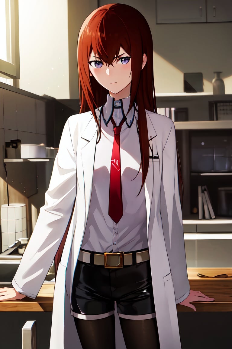 MakiseKurisu, 1girl, solo, masterpiece, best quality, highres, lab coat, red necktie, white shirt, pair black shorts, white belt, blacks tights, looking at viewer, reddish_brown hair, long, blue_violet eyes, serious face, little smile, standing, looking at the viewer