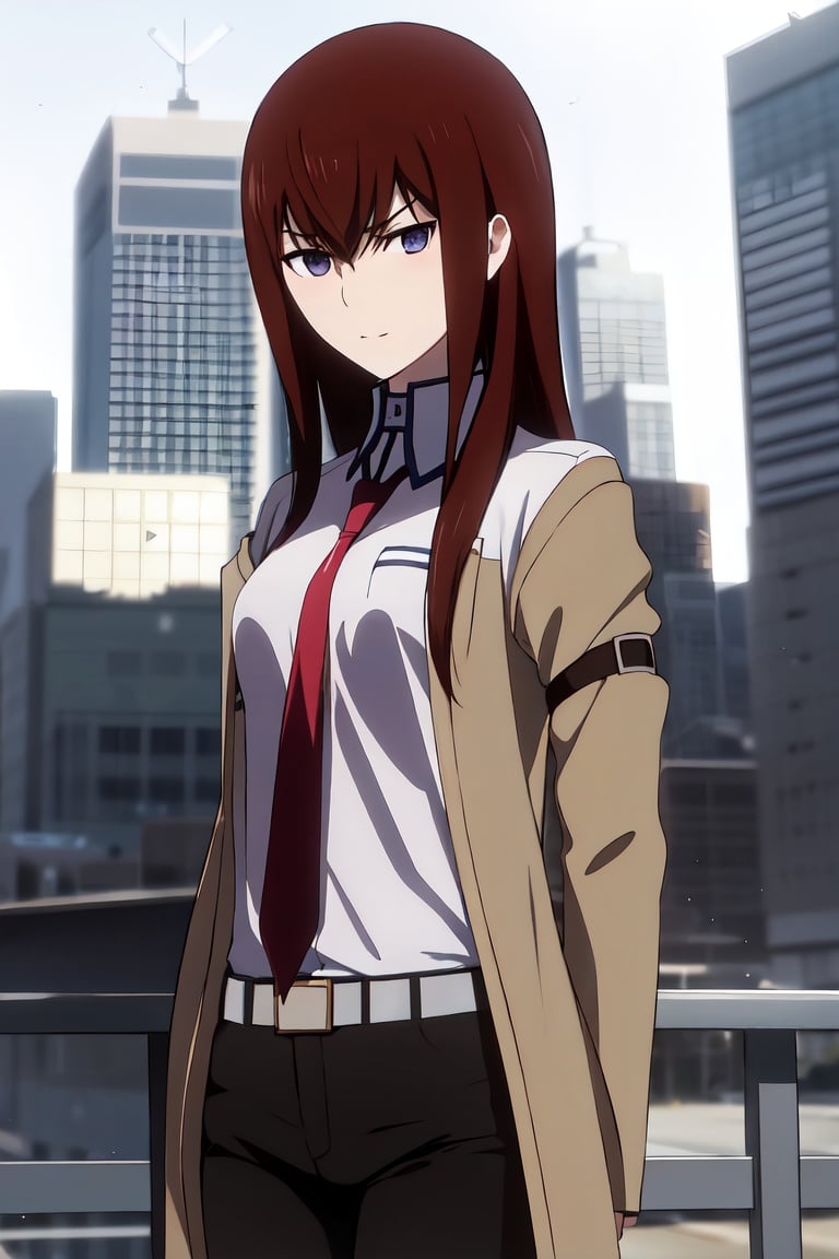  MakiseKurisu, 1girl, solo, masterpiece, best quality, highres, khaki jacket, up to the thighs, black_white belts on the arms, red necktie, white shirt, pair black shorts, white belt, blacks tights, looking at viewer, reddish_brown hair, long, blue_violet eyes, serious face, little smile, standing, looking at the viewer