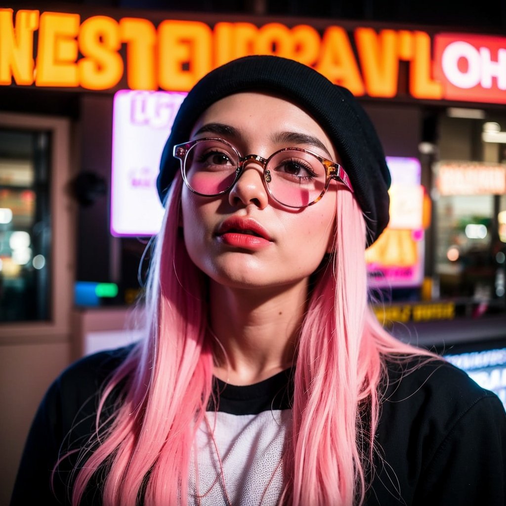 <lora:nhxc:1>nhxc, 1girl, solo, glasses, hat, pink hair, long hair, round eyewear, blurry, neon lights, beanie, lips, upper body, blurry background, outdoors, from side, parted lips, nose, depth of field, looking away