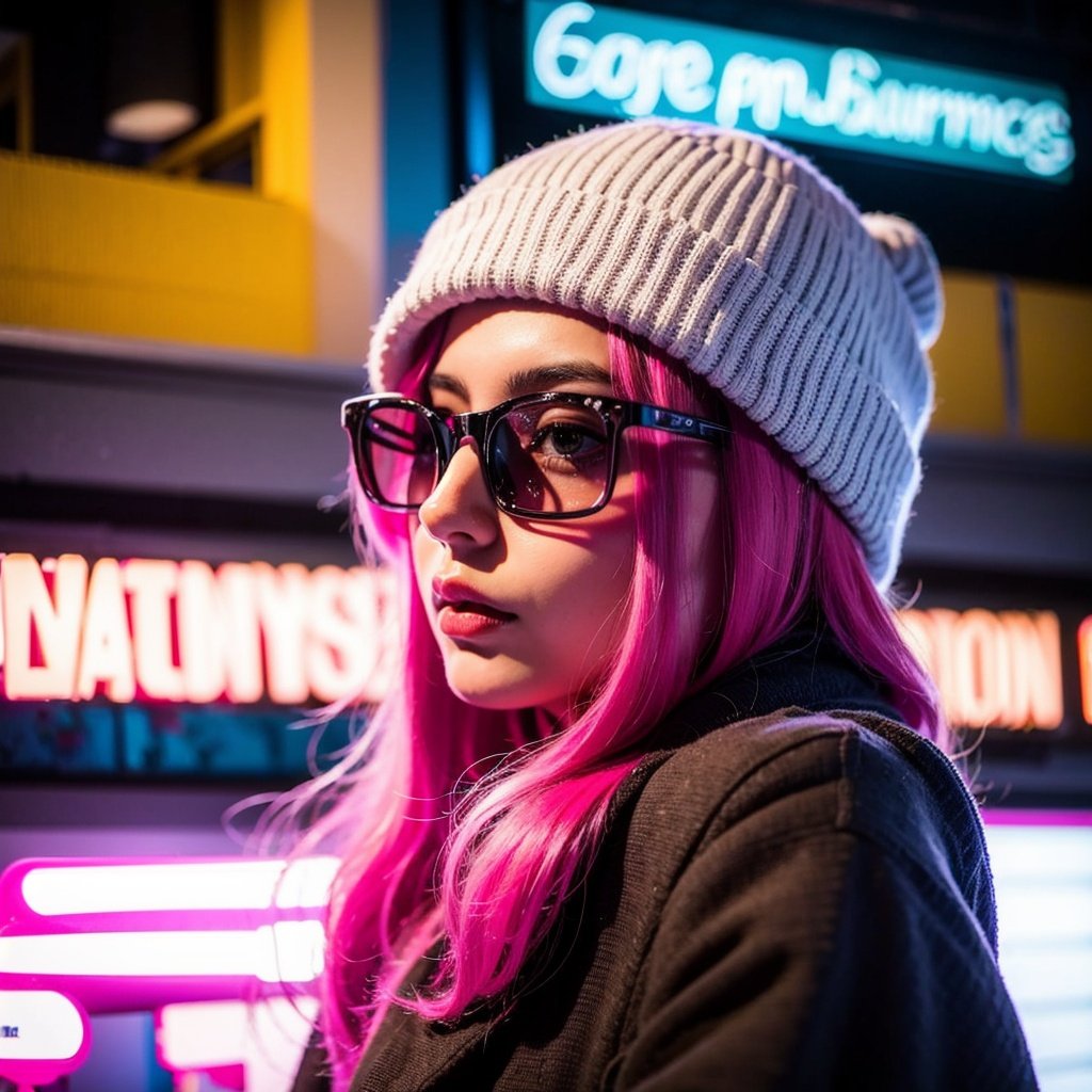 <lora:nhxc:1>nhxc, 1girl, solo, glasses, hat, pink hair, long hair, round eyewear, blurry, neon lights, beanie, lips, upper body, blurry background, outdoors, from side, parted lips, nose, depth of field, looking away