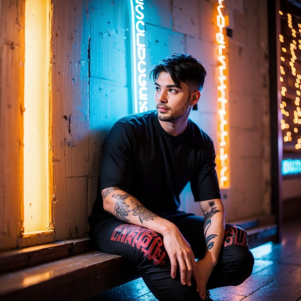 nhxc, 1boy, male focus, solo, neon lights, shirt, pants, sitting, tattoo, black shirt, night, bandaid, black pants, looking at viewer, short hair, cyberpunk, outdoors, boots<lora:nhxc:1>