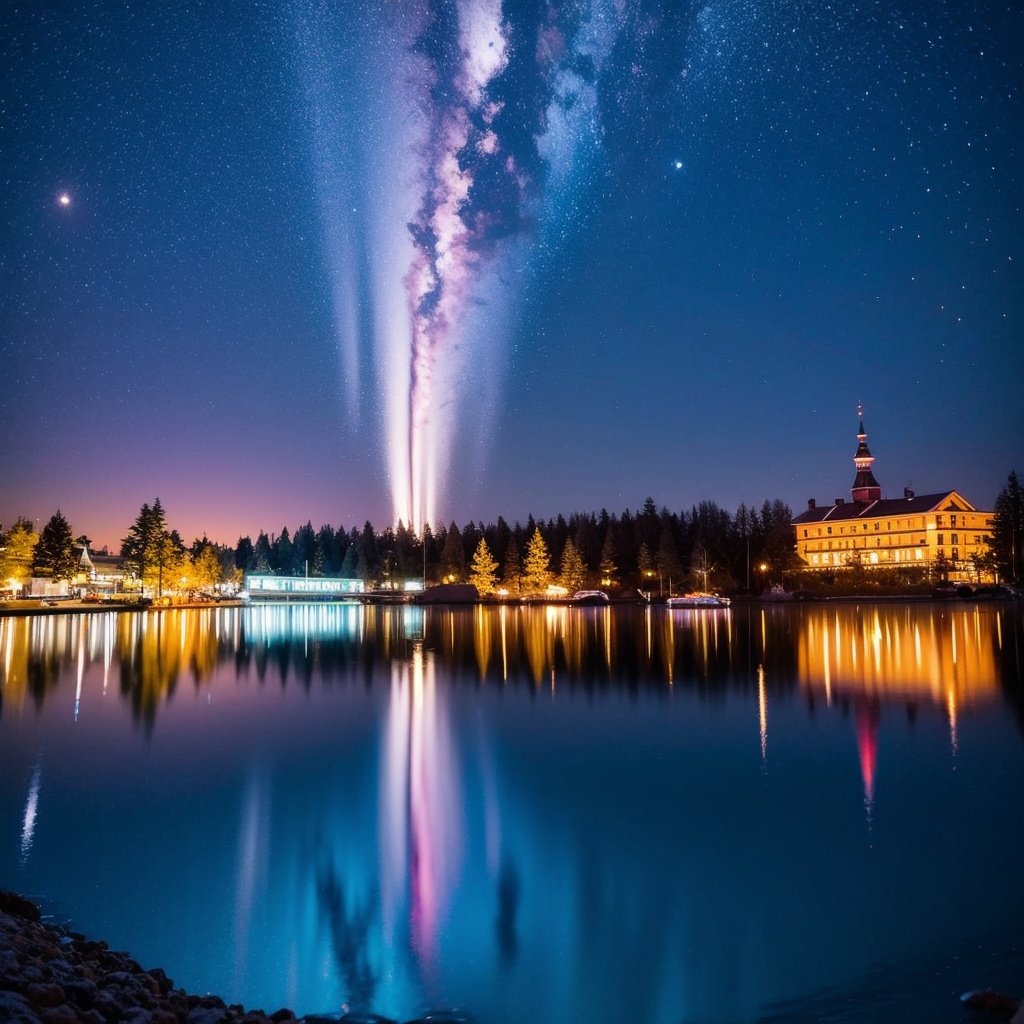 <lora:nhxc:1>(((nhxc))), no humans, scenery, reflection, star \(sky\), night, sky, water