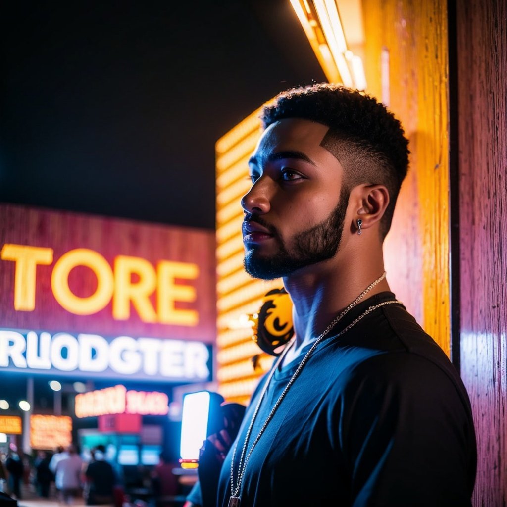 nhxc, 1boy, male focus, solo, shirt, jewelry, black shirt, neon lights, bracelet, photo background, facial hair, night, necklace, upper body, dark-skinned male, from side, outdoors<lora:nhxc:1>