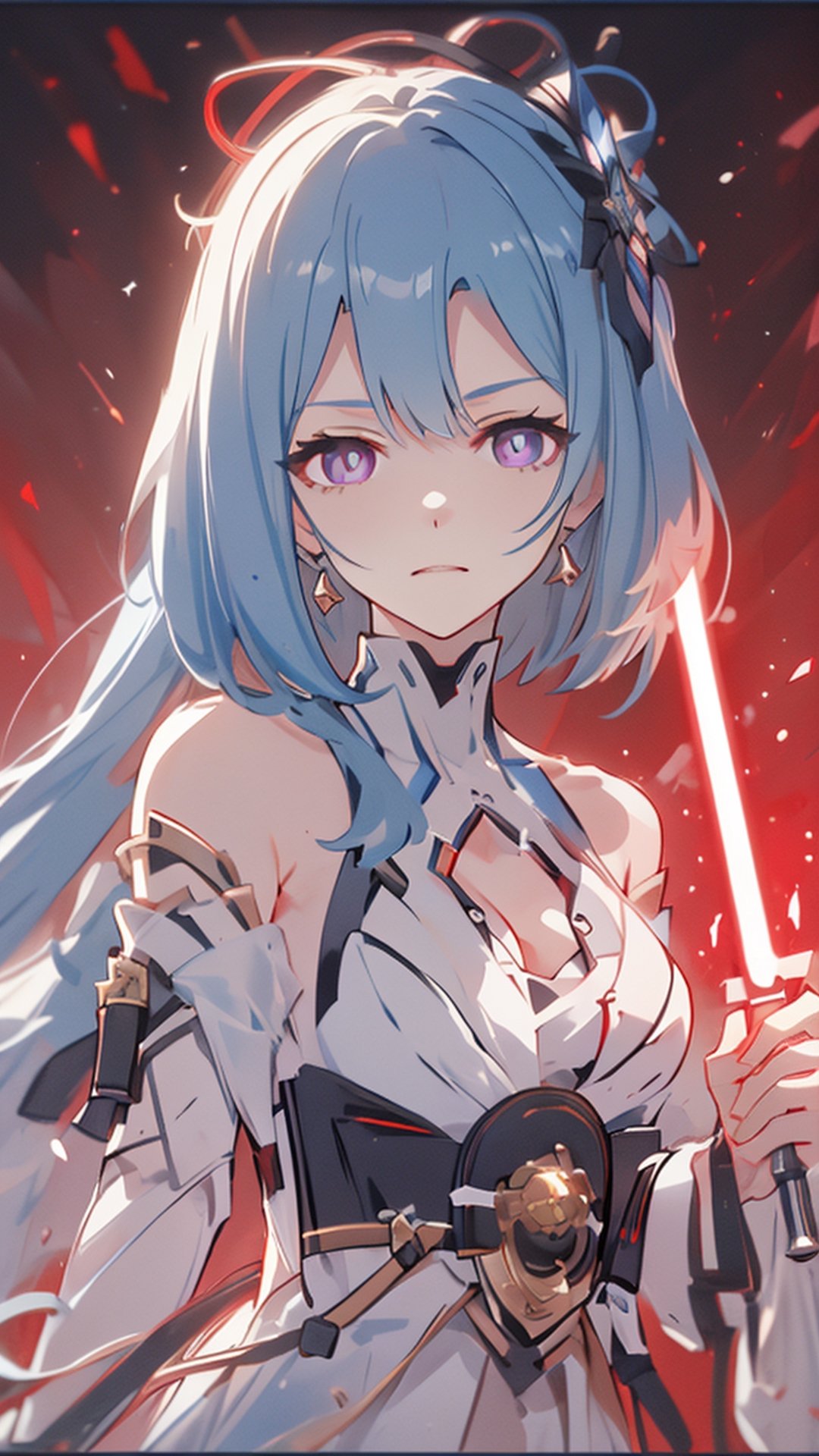 (Masterpiece), best, perfect face, straight hair, 1 girl, solo, sadistic face, bright blue hair, glowing purple eyes, holding red lightsaber, detailed white dress, 1 girl, Gretchen,light_saber