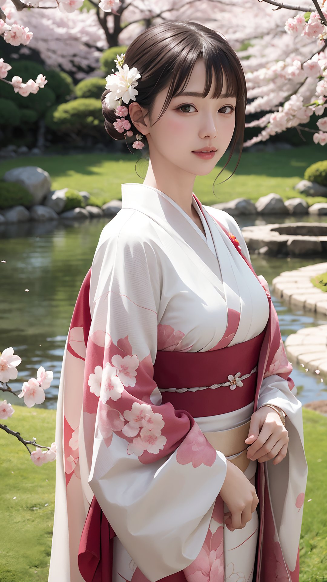 (best quality,masterpiece:1.2),ultra detailed,(photo realistic:1.4),solo,cute girl,kimono,japanese garden,cherry_blossom_background