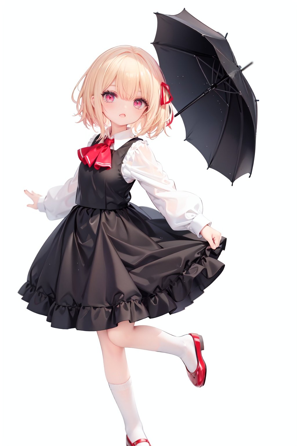  1girl, rumia, blonde hair, solo, white background, red eyes, red footwear, simple background, ascot, short hair, ribbon, open mouth, hair ribbon, smile, long sleeves, shirt, looking at viewer, red ascot, white socks, white shirt, red ribbon, shoes, socks, frills, bangs, outstretched arms, hair between eyes, skirt, :d, dress, vest, mary janes, black dress, black skirt, collared shirt, black vest, blush