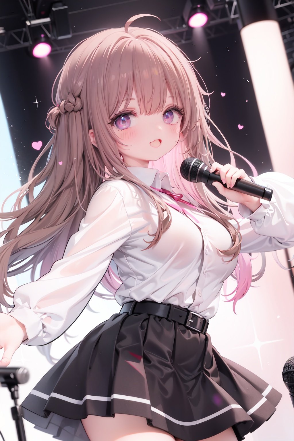  1girl, solo, microphone, smile, skirt, blush, brown eyes, long hair, open mouth, looking at viewer, brown hair, long sleeves, :d, shirt, bangs, belt, breasts, pink shirt, outstretched arm, music, black belt, medium breasts, holding microphone, singing