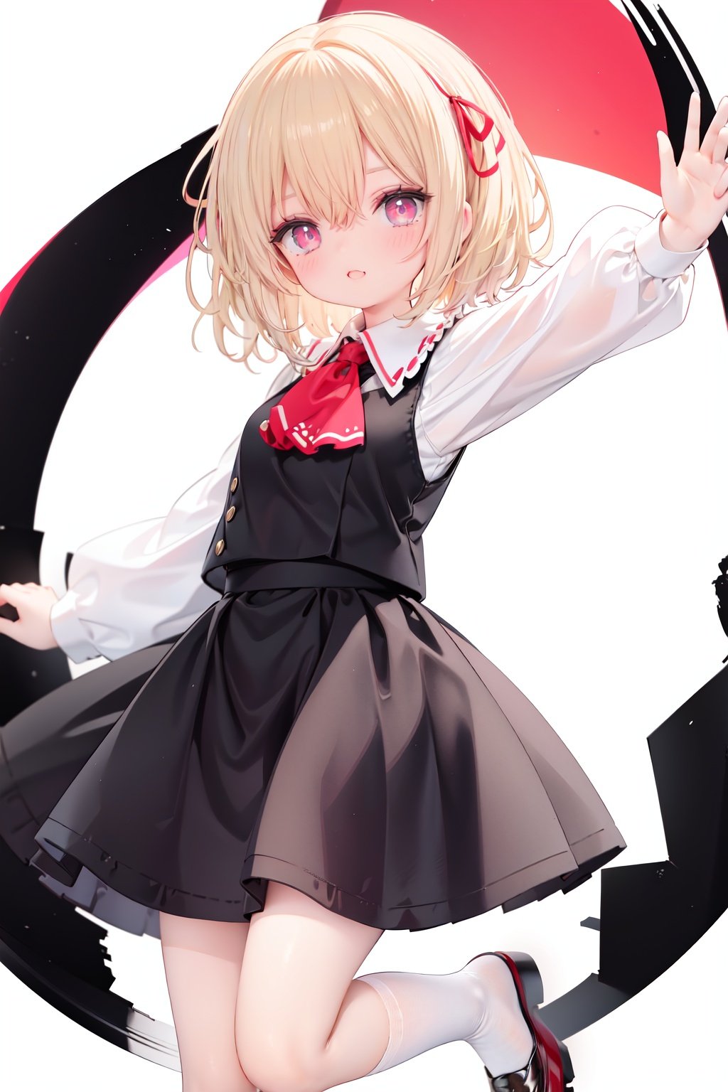  1girl, rumia, blonde hair, solo, white background, red eyes, red footwear, simple background, ascot, short hair, ribbon, open mouth, hair ribbon, smile, long sleeves, shirt, looking at viewer, red ascot, white socks, white shirt, red ribbon, shoes, socks, frills, bangs, outstretched arms, hair between eyes, skirt, :d, dress, vest, mary janes, black dress, black skirt, collared shirt, black vest, blush