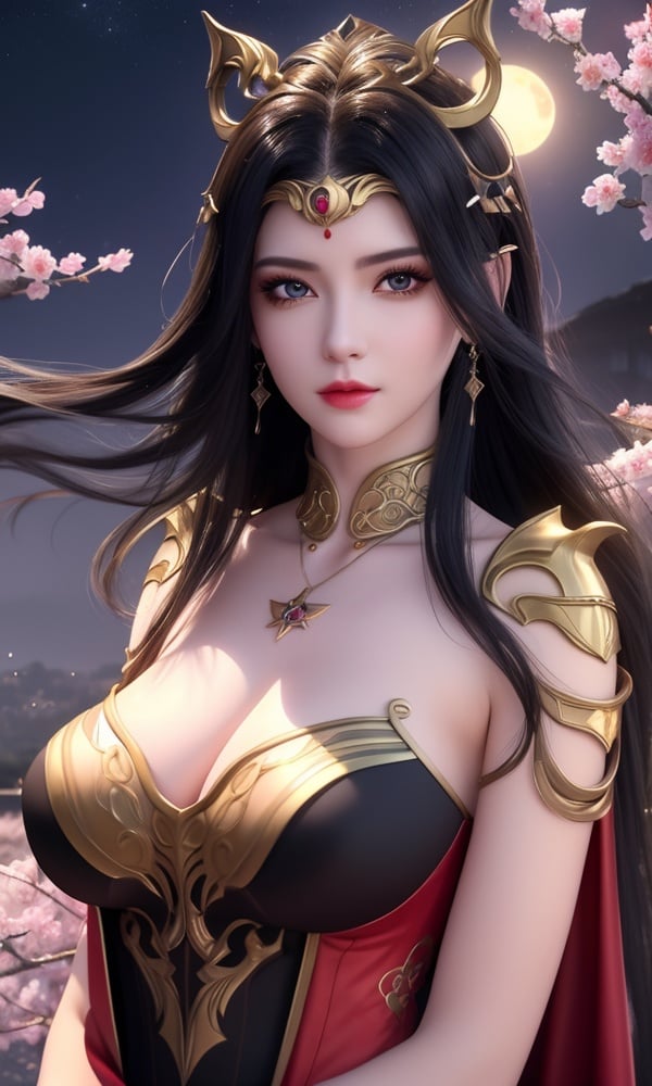 (,1girl, ,best quality, )<lora:DA_彩鳞-女王-斗破苍穹:0.6>, ,masterpiece,fantasy, realistic,science fiction,mole,,ultra realistic 8k cg, flawless,tamari \(flawless\), large breasts,cherry blossoms,,night, night sky, crescent moon, moonlight,,(facing viewer, looking at viewer, , ),  upper body, (),