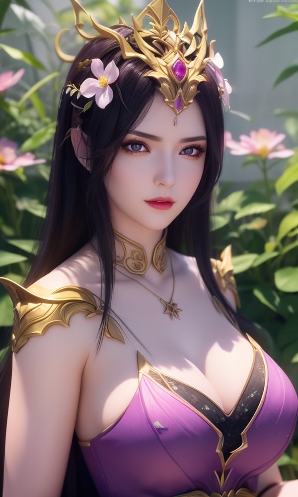 (,1girl, ,best quality, )<lora:DA_彩鳞-女王-斗破苍穹:0.6>, ,masterpiece, fantasy, realistic,science fiction,mole, ultra realistic 8k cg, ,tamari \(flawless\),  large breasts  ,jasmine \(flower\),  purple flower,       upper body, (),