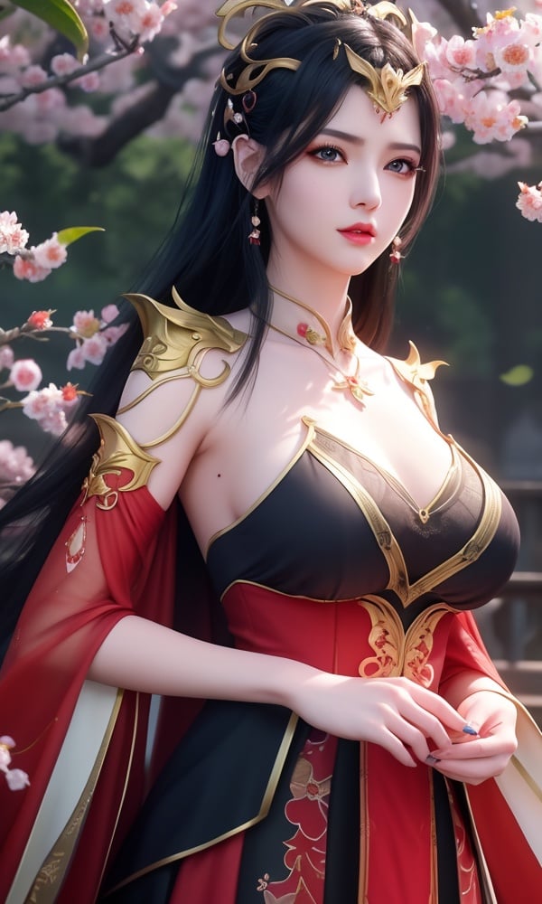 (,1girl, ,best quality, )<lora:DA_彩鳞-女王-斗破苍穹:0.6>, ,masterpiece, fantasy, realistic,science fiction,mole, ultra realistic 8k cg, ,tamari \(flawless\),  large breasts  ,plum blossoms, strawberry blossoms      upper body, (),