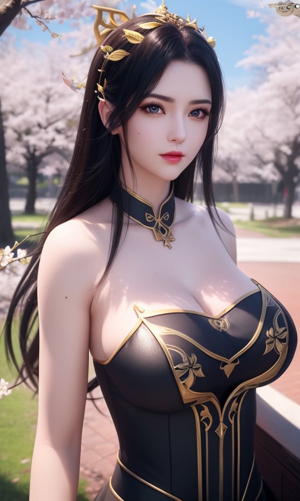 (,1girl, ,best quality, )<lora:DA_彩鳞-女王-斗破苍穹:0.6>, ,masterpiece, fantasy, realistic,science fiction,mole, ultra realistic 8k cg, ,tamari \(flawless\),  large breasts,outdoors, sun,sunlight, cherry blossoms,      upper body, (),