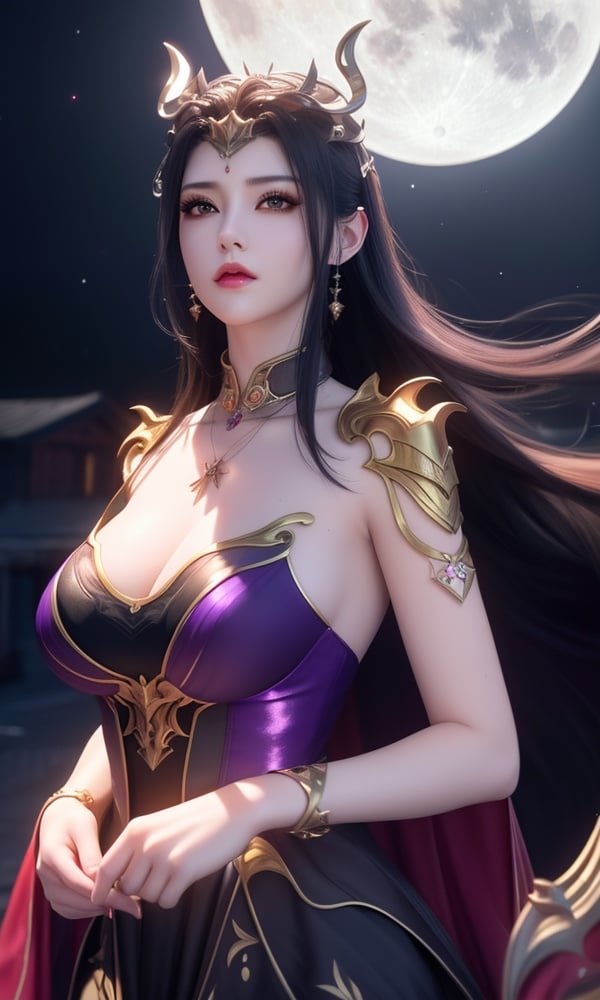 (,1girl, ,best quality, )<lora:DA_彩鳞-女王-斗破苍穹:0.6>, ,masterpiece, fantasy, realistic,science fiction,mole, ultra realistic 8k cg, ,tamari \(flawless\),  large breasts,moonlight,full moon, purple flower,       upper body, (),