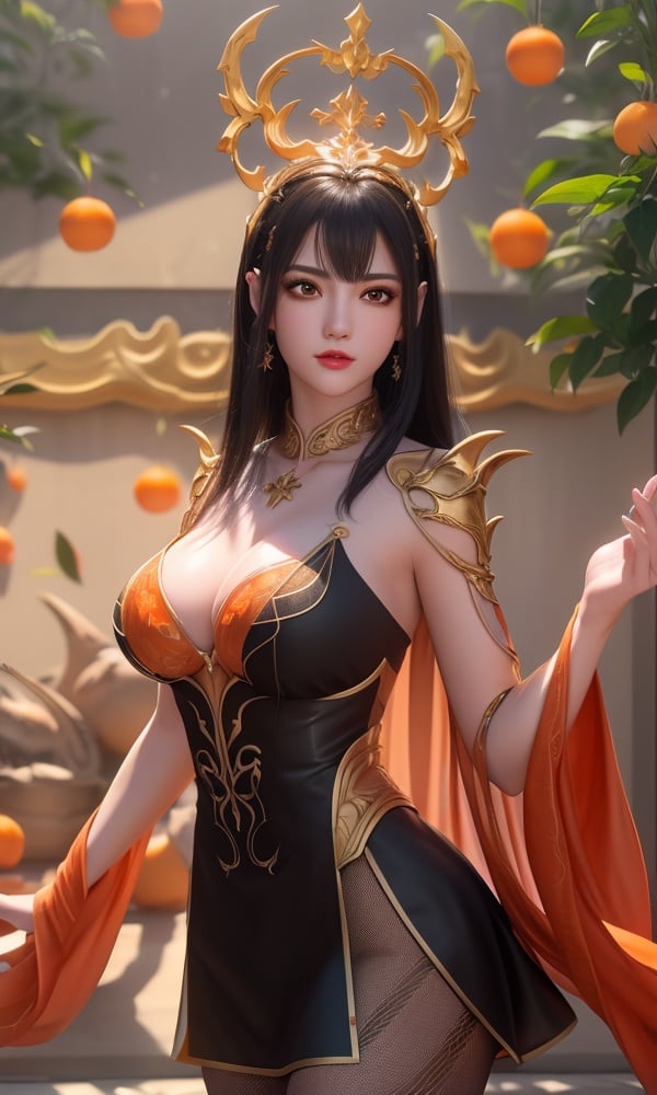 (,1girl, ,best quality, )<lora:DA_彩鳞-女王-斗破苍穹:0.6>, ,masterpiece, fantasy, realistic,science fiction,mole, ultra realistic 8k cg, ,tamari \(flawless\),  large breasts  ,  orange blossoms,  upper body, (),,pantyhose,