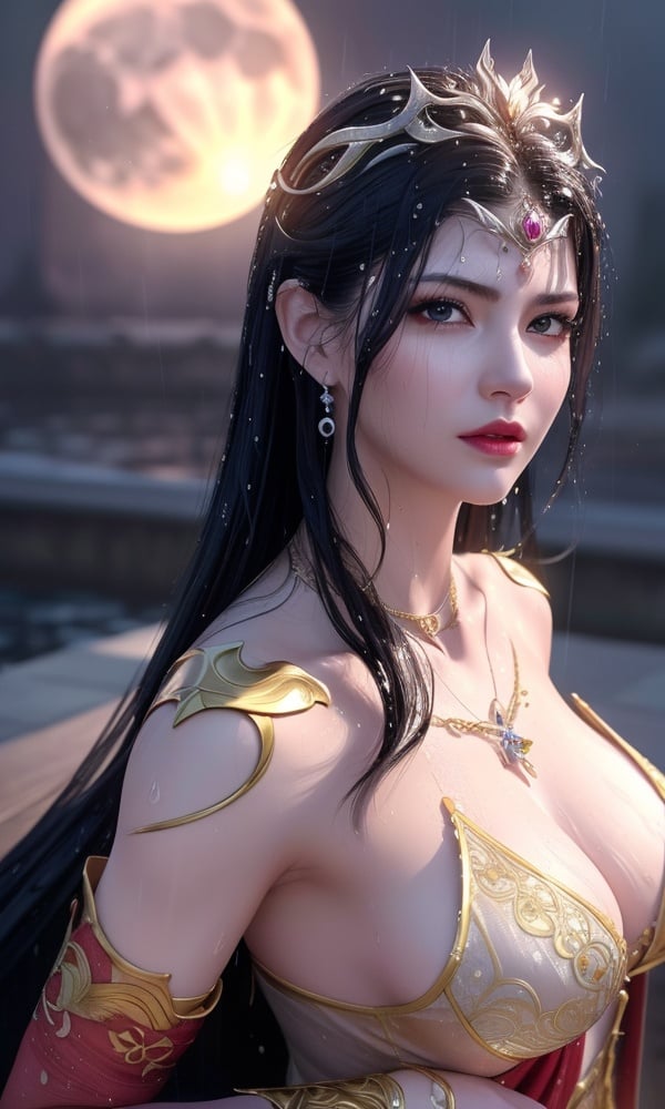 (,1girl, ,best quality, )<lora:DA_彩鳞-女王-斗破苍穹:0.6>, ,ultra realistic 8k cg, flawless,  tamari \(flawless\), professional artwork, famous artwork, cinematic lighting, cinematic bloom, perfect face, beautiful face, fantasy, dreamlike, unreal, science fiction,  luxury, jewelry, diamond, pearl, gem, sapphire, ruby, emerald, intricate detail, delicate pattern, charming, alluring, seductive, erotic, enchanting, hair ornament, necklace, earrings, bracelet, armlet,halo,masterpiece, fantasy, realistic,science fiction,mole,  large breasts,cherry blossoms,wet clothes,lace, lace trim,   lace-trimmed legwear,(((Best quality, masterpiece, ultra high res, (photorealistic:1.4), raw photo, 1girl, wet clothes, rain, sweat, ,wet, night, moon,  )))  upper body, (),