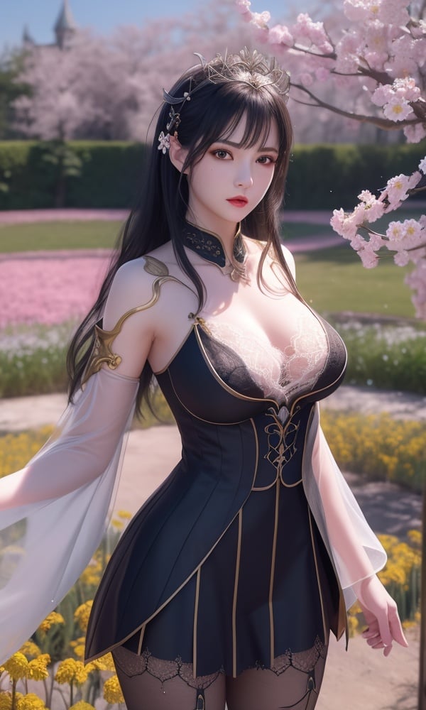 (,1girl, ,best quality, )<lora:DA_彩鳞-女王-斗破苍穹:0.6>, ,masterpiece, fantasy, realistic,science fiction,mole, ultra realistic 8k cg, ,tamari \(flawless\),  large breasts  , rapeseed blossoms,  upper body, (),,lace ,ribbon, pantyhose,